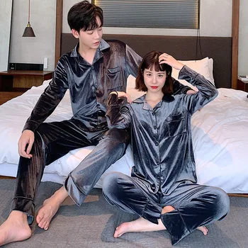 2024 Uus Paar Pidžaama Pikk Varrukas Kevad Sügis Sleepwear Kulla Velvet Naiste Siserõivad Ülikond Meeste V-kaelus Lahti Homewear