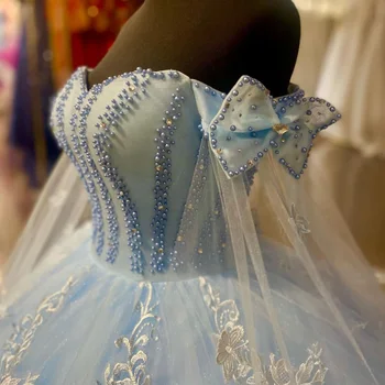 Sinine Vibu Õlale Quinceanrea Kleidid 2023 Koos Cape Pärlid Tanssiaiset Kleit Magus 15 16 Sünnipäev Printsess Miss Võistlused Hommikumantlid Gala