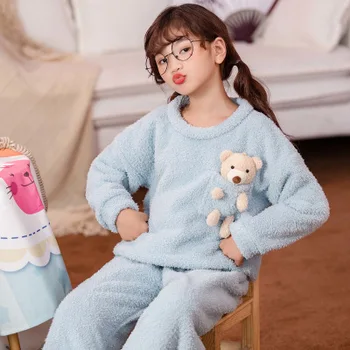Tüdruk on Talve Paks Pidžaama Sobiks 2tk Fliisist Soe Lapsed Homewear Cartoon Bear Sleepwear Suured Tüdrukud Tahked Värvi Pullover+ Püksid